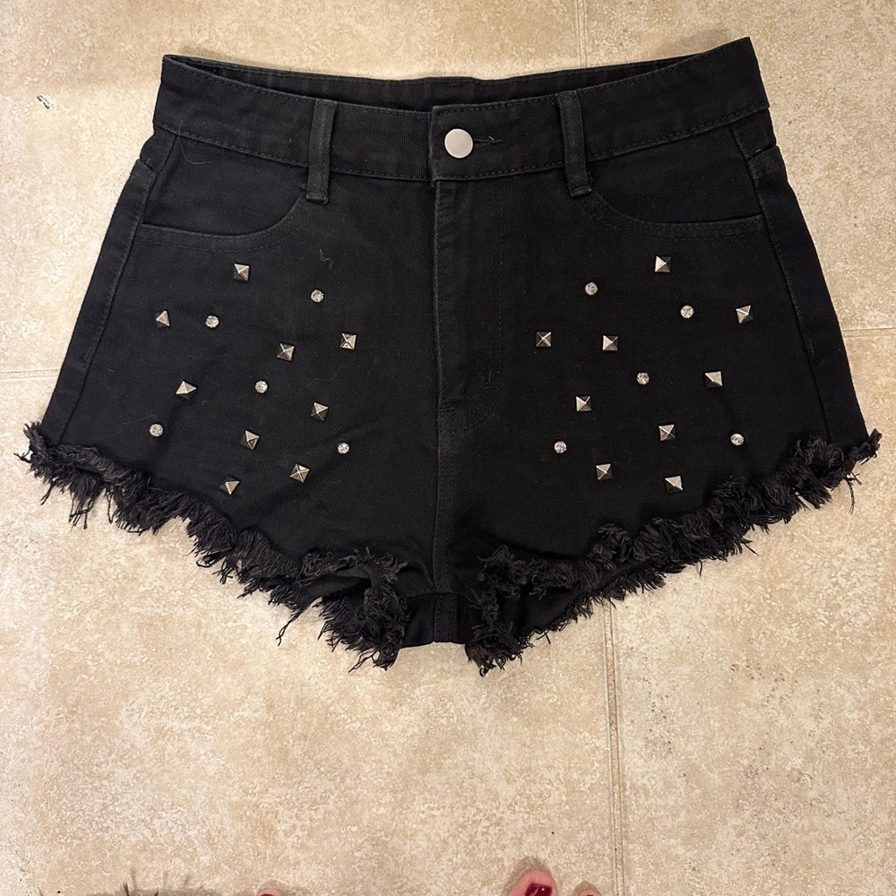 Amazon Black Jean Shorts with Distressed Hem and Studded Design